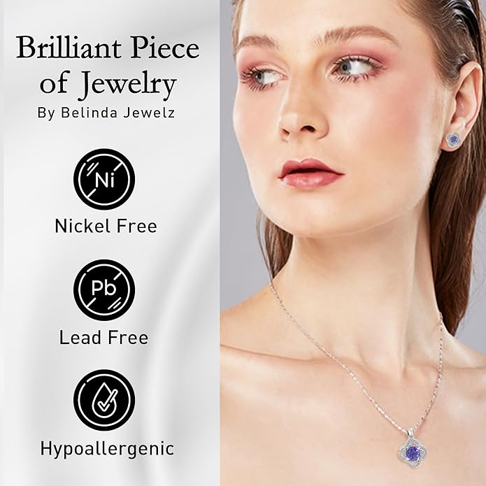 Women 925 Sterling Silver Cute Love Knot Sparkling Gemstone Push Back Stud Earrings Hanging Pendant Necklace Beautiful Fine Jewelry Accessory Set, 1.65 Carat