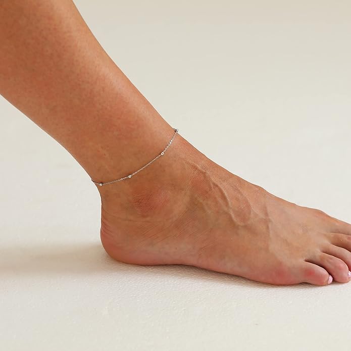 Dainty Ankle Bracelets for Women 18K Gold Plated Satellite Beaded Herringbone Chain Anklets Simple Lip Chain Anklet Minimalist Summer Beach Foot Jewelry Christmas