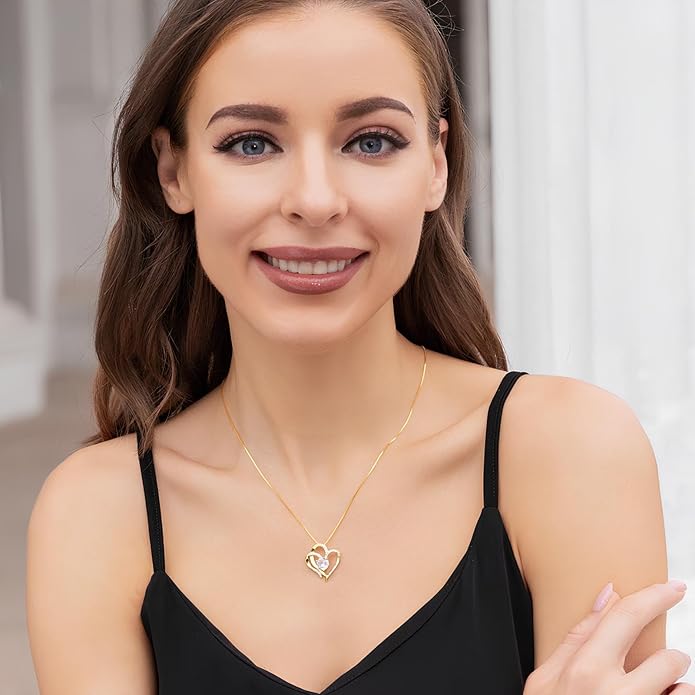 Double Heart Birthstone Necklace for Women - 925 Sterling Silver Adjustable Chain, 12-Month Cubic Zirconia Pendant, Gift for Wife/Girlfriend/Mom (Anniversary, Valentine's Day, Christmas)