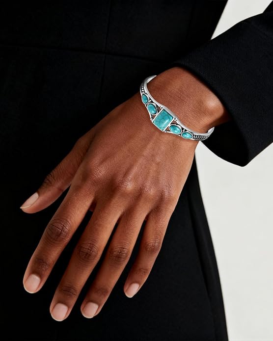 Boho Turquoise Silver Cuff Bracelet for Women, Vintage Jewelry Bangle with Carved Details, Adjustable Silver Bangles for Women, Sterling Silver Plated Bangles Style