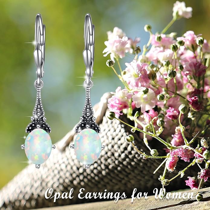 AOBOCO Vintage Earrings for Women Sterling Silver Retro Drop Dangle Leverback Earrings with 8x6mm Oval Genuine or Simulated Birthstone Crystal from Austria, Anniversary Jewelry Gifts for Her Women