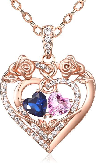 JIYVY32 Rose Heart Necklace for Women Exquisite 925 Sterling Silver Anniversary Birthday Gifts for Wife Mom Her Double Birthstone Pendant Jewelry