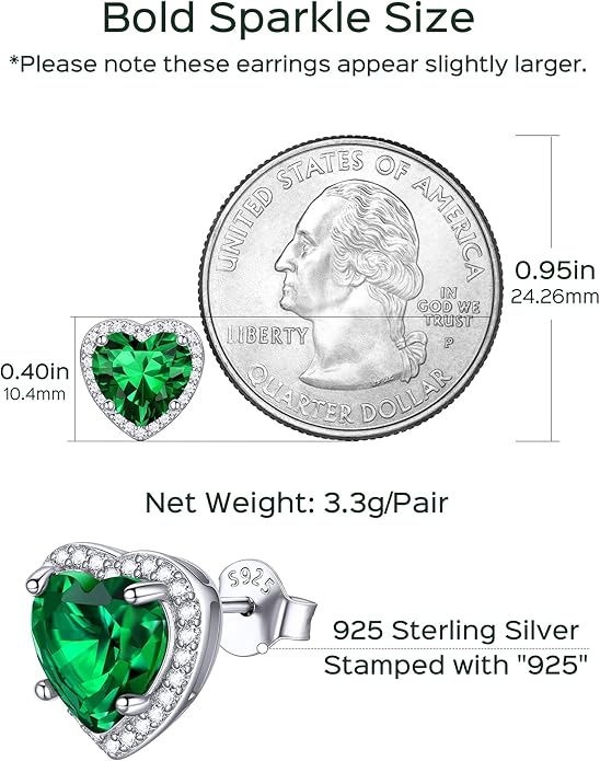 ChicSilver 925 Sterling Silver Birthstone Earrings for Women, 8MM/2 Carat Heart & Round Cubic Zirconia Stud Earrings, Hypoallergenic Jewelry, Ideal Birthday or Christmas Gifts