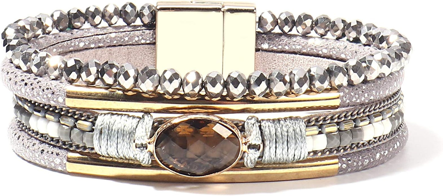 FANCY SHINY Leather Wrap Bracelets Crystal Beads Bracelet Boho Cuff Stone Charm Bracelets with Clasp Costume Jewelry for Women