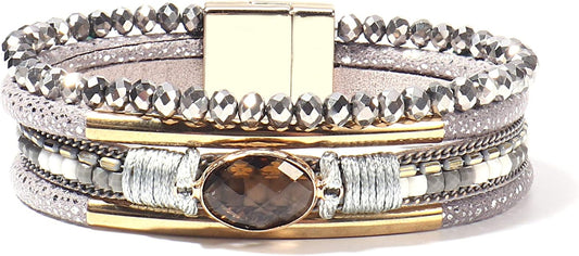 FANCY SHINY Leather Wrap Bracelets Crystal Beads Bracelet Boho Cuff Stone Charm Bracelets with Clasp Costume Jewelry for Women