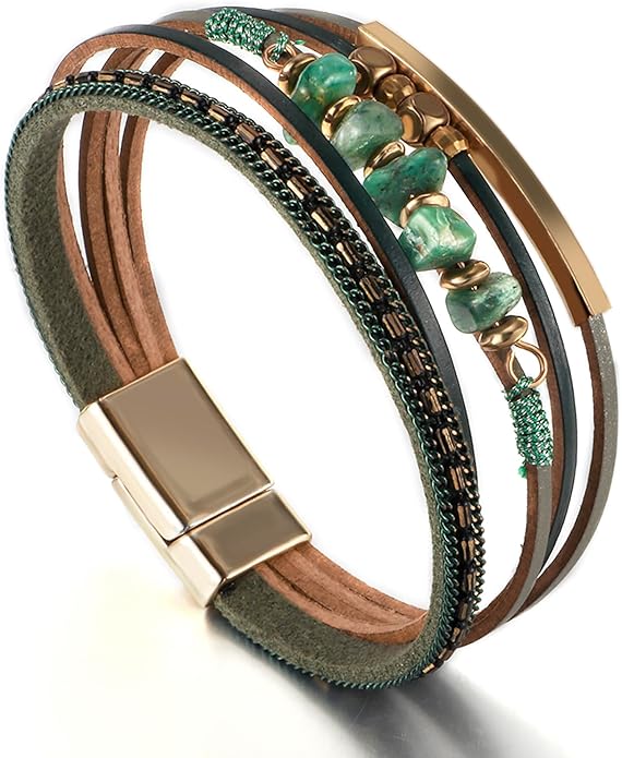 Fesciory Leather Wrap Bracelets for Women, Boho Leopard Multi-Layer Crystal Beads Cuff Bracelet Jewelry