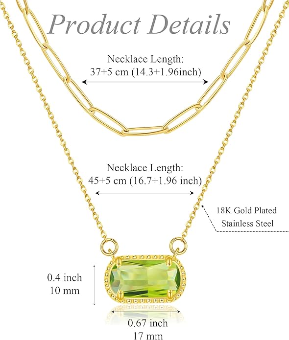 Lourny Gemstone Birthstone Pendant Layered Necklace for Women Trendy, 18K Gold Plated Paperclip Chain Preppy Choker Charm Necklace for Women Wife Jewelry
