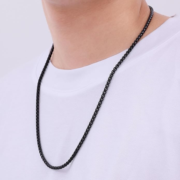 Fiusem Box Chain for Men, Silver Tone/14K Gold Plated/Black Stainless Steel Necklace for Men and Women, Width 2/2.5/3/4/5mm, Length 18-28 Inches