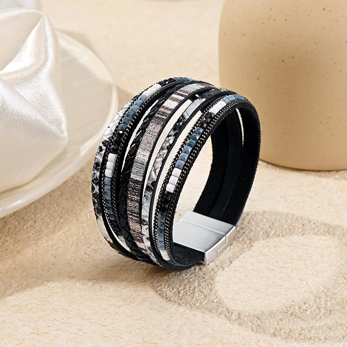 ENGCKSHI Wrapped Bracelets for Women,Leather Bracelet,Boho Bracelets for Women,Multi-Layer Pearl Crystal Bracelet Bangle Jewelry