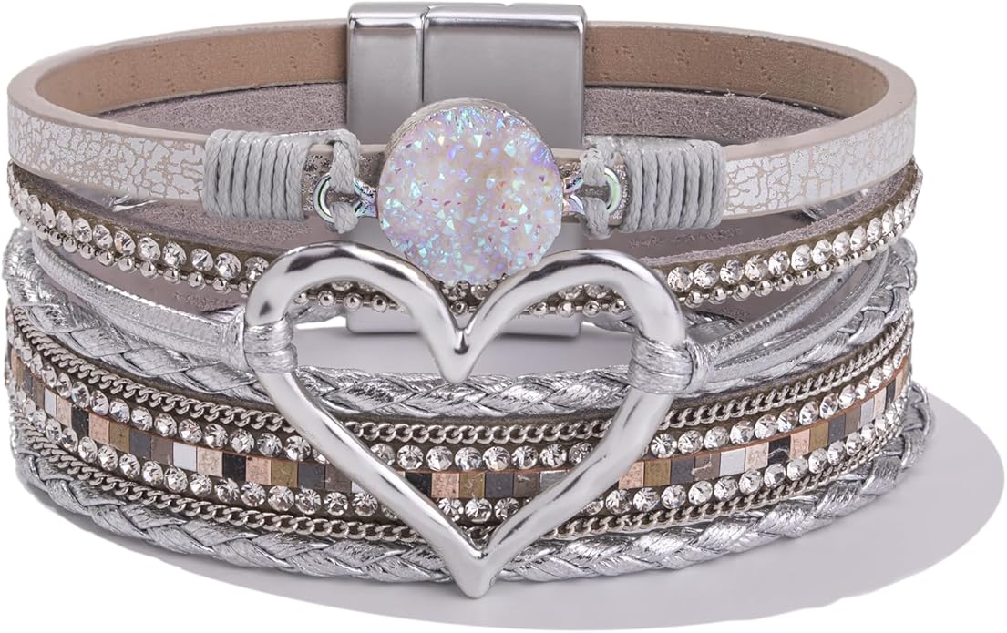 FANCY SHINY Heart Leather Wrap Bracelets Stackable Boho Cuff Bangles Trendy Resin Stone Rhinestone Bracelets with Magnetic Clasp for Women