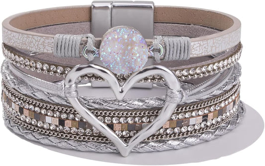 FANCY SHINY Heart Leather Wrap Bracelets Stackable Boho Cuff Bangles Trendy Resin Stone Rhinestone Bracelets with Magnetic Clasp for Women