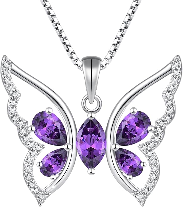 YL Women's Butterfly Necklace 925 Sterling Silver Flower Rose Pendant Birthstone Halo Jewelry