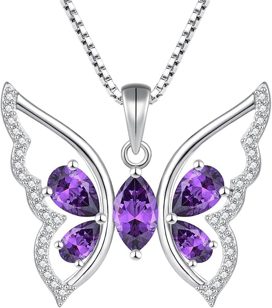 YL Women's Butterfly Necklace 925 Sterling Silver Flower Rose Pendant Birthstone Halo Jewelry
