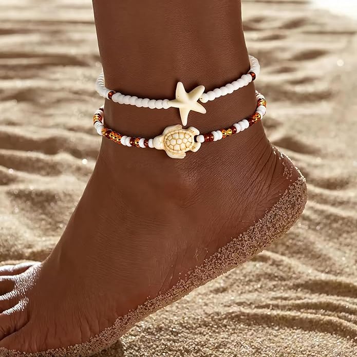 Shell Ankle Bracelet Set for Women, Gold Plated Boho Bead Adjustable Anklet, Hawaiian Beach Seashell Pearl Heart Starfish Conch Foot Jewelry Gifts