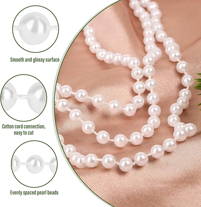 PAXCOO White Pearl Beads Garland, Pearl Strands Craft String Bead for Christmas Tree Decoration, Wedding Party Supplies