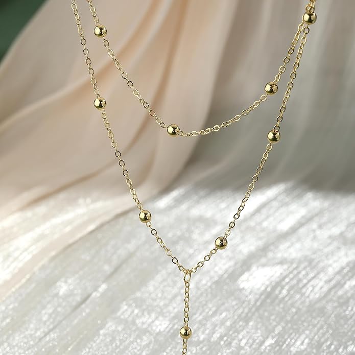 Lariat Gold Necklaces for Women Trendy Dainty Long Necklace 14k Gold Plated/Silver Layered Drop Beaded Chain Necklaces Y-shaped Pendant Necklace Simple Gold Jewelry Gifts