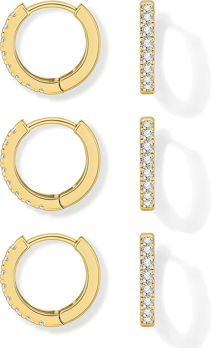 micuco 3 Pairs Small Hoop Earrings Tiny Cartilage Earrings for Women Cubic Zirconia Earrings Huggie Hoop Ear Piercing Earrings for Men 8mm 10mm 12mm