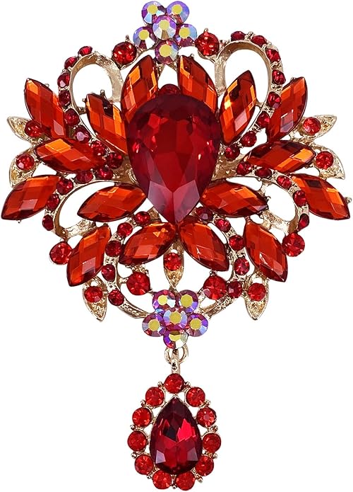 LAXPICOL Wedding Bridal Big Brown Crystal Rhinestone Bouquet Brooch Pin for Women Golden Tone