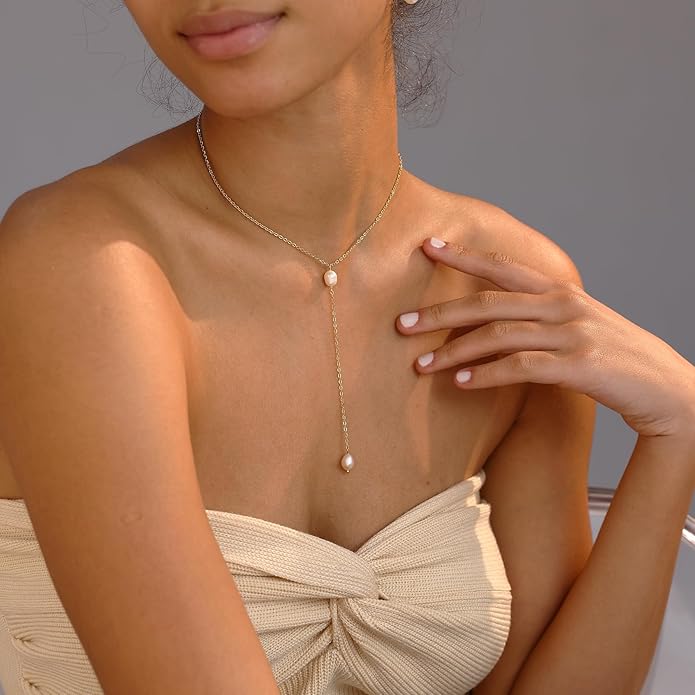 Gold Necklace for Women, Dainty Gold Long Necklaces 14k Gold Plated Prom Bar CZ Lariat Necklace Simple Choker Necklaces for Women Trendy Boho Fashion Costume Jewelry Womens