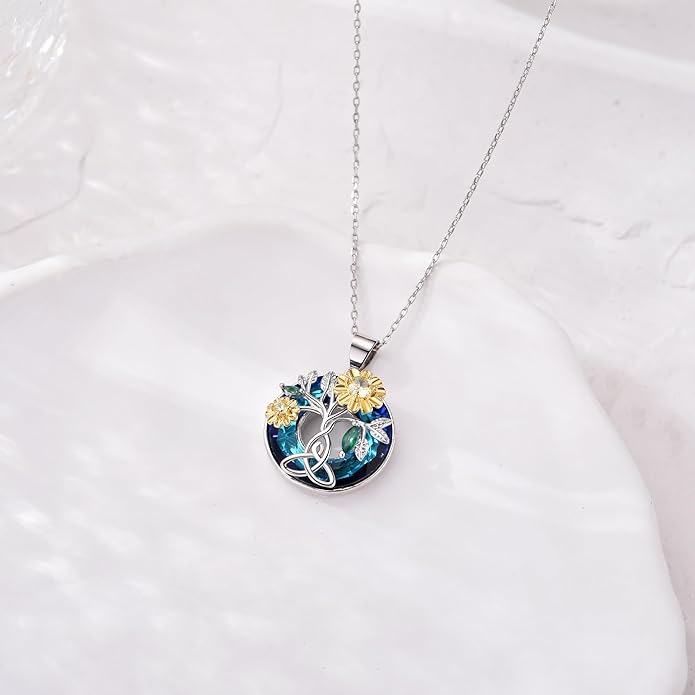 Tree of Life Pendnat Sunflower/Celtic Necklace with Blue Crystal Tree Jewelry Gifts for Women