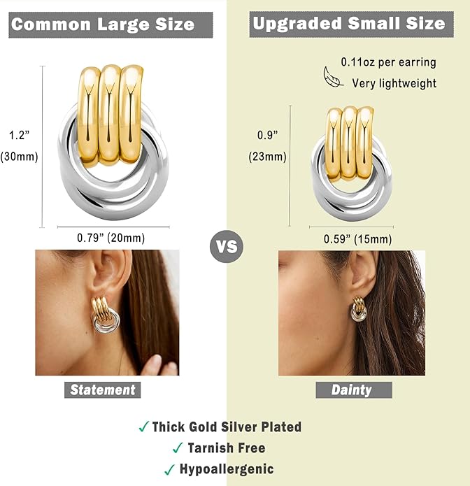 NIXMAX Chunky Small Knot Earrings Gold Silver Geometric Earrings for Women Dainty Gold and Silver Plated Dangle Drop Earrings Hypoallergenic and Lightweight Fashion Trendy Jewelry Gifts