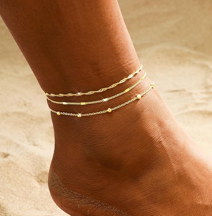 2/3 PCS Gold Anklets for Women Waterproof Cuban Link Anklet Beaded Bracelets Stackable Bracelets 14K Gold Plated Custom Jewelry Gifts Non Tarnish Lightweight