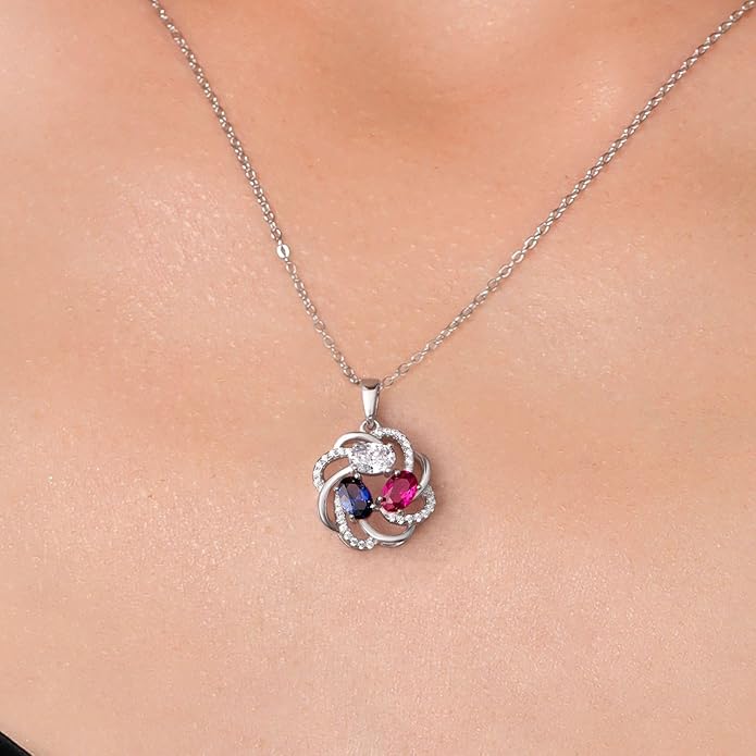 Customized Personalized Women's Necklace with 3 Gemstone Birthstone | 925 Silver Jewelry for Mom Wife Grandma Sister Friend | 18 Inch Chain | Anniversary Birthday Mother’s Day Christmas Valentine's