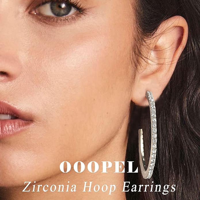 925 Sterling Silver Earrings Large Rhinestone Hoop Earrings Big Cubic Zirconia Hoop Earrings Thin Rhinestones Round Hoop Earrings for Women 20/30/40/50/60/70mm Sparkly Hoops With Crystals for Womens