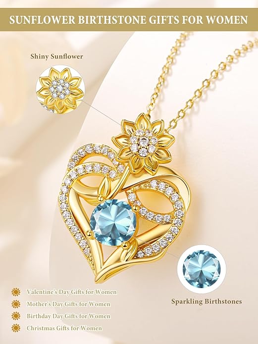 14K Gold Sunflower Birthstone Necklace for Women Infinity Love Heart Necklace Christmas Valentines Mothers Day Anniversary Birthday Gifts for Her Mom Wife Girlfriend Daughter
