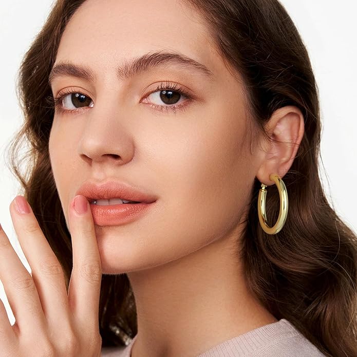 SHOWNII Chunky Gold Hoop Earrings - 14K Gold Plated Earrings for Women Hollow Tube Thick Hoops Graduation Gifts for Her