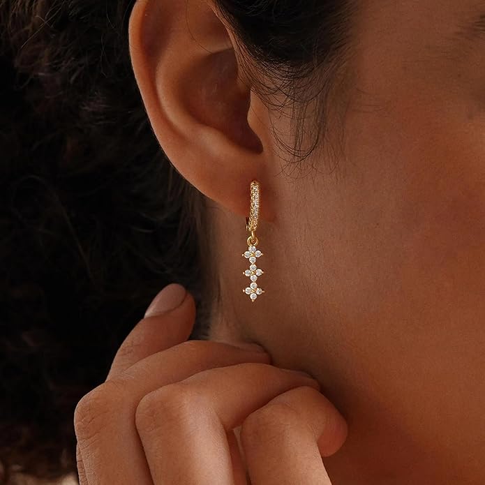 14K Gold Plated Dangle Earrings for Women - Dainty, Trendy, Hypoallergenic CZ Drop Earrings - Simple Long Dangling Jewelry