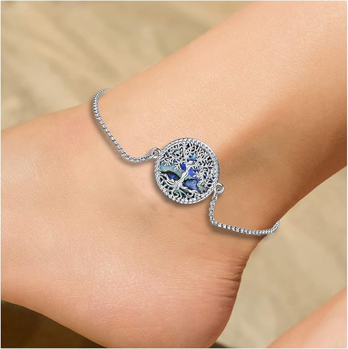 ONEFINITY Tree of Life Anklet Sterling Silver Abalone Shell/Blue Opal/Crystal Tree of Life Ankle Bracelet Tree Jewelry for Women Girls Gifts