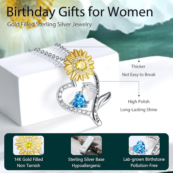 PERJI Valentine's Day Gifts for Women - 925 Sterling Silver Double Birthstone Sunflower Necklace, Anniversary Birthday Jewelry You are My Sunshine Gifts for Wife Couple Girlfriend 18"+2" Non Tarnish
