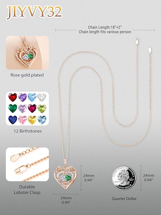 JIYVY32 Rose Heart Necklace for Women Exquisite 925 Sterling Silver Anniversary Birthday Gifts for Wife Mom Her Double Birthstone Pendant Jewelry