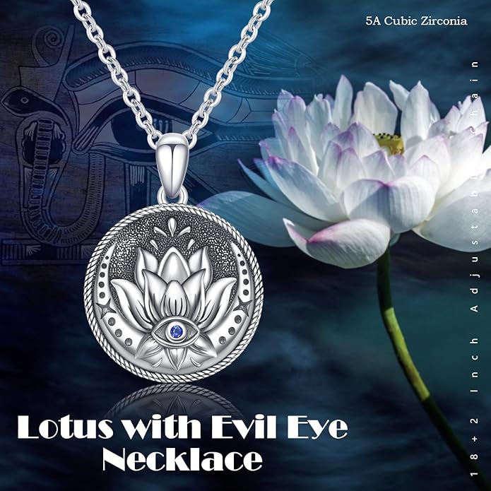 Evil Eye Necklace Sterling Silver Lotus Necklaces Evil Eye Pendant Spiritual Protection Amulet Jewelry Birthday Mother Gifts for Women Men