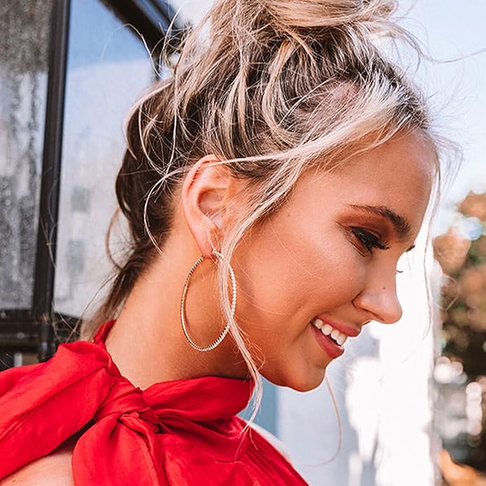 925 Sterling Silver Earrings Large Rhinestone Hoop Earrings Big Cubic Zirconia Hoop Earrings Thin Rhinestones Round Hoop Earrings for Women 20/30/40/50/60/70mm Sparkly Hoops With Crystals for Womens