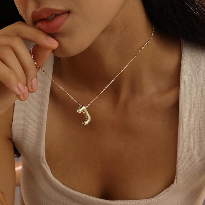 Initial Necklaces for Women, 14k Gold Plated Bubble Letter Necklace Chunky Gold Necklace Dainty Charm Initial Necklaces for Women Trendy Custom Preppy Stocking Stuff Necklace Christmas Gifts