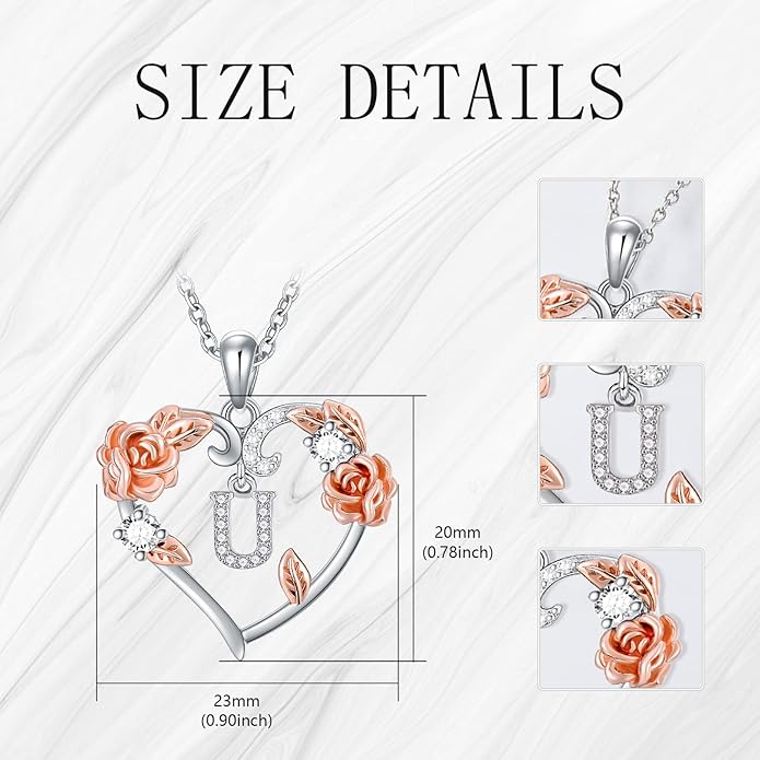 AOBOCO Rose Heart Necklaces Valentines Gifts for Women, 925 Sterling Silver Rose Love Heart Initial Letter Pendant Necklace Jewelry Mothers Day Christmas Birthday Gifts for Her Mom Wife Girlfriend