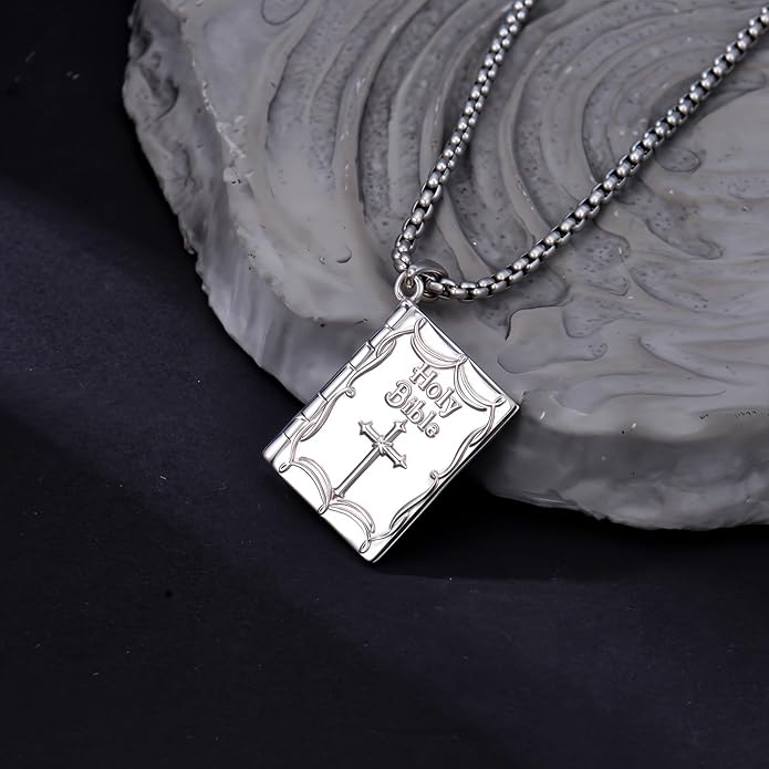 925 Sterling Silver Mini Bible Book Pendant Necklace, Openable Vintage Necklace, Christian Prayer Scripture Jewelry for Men and Women