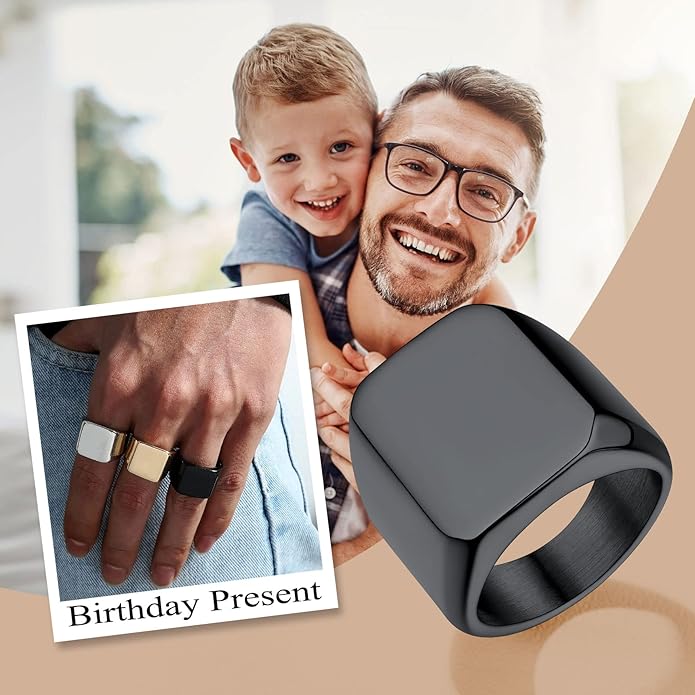 Bestyle Stainless Steel Signet Ring for Men Women in Gold/Black/Silver/Vintage Gray Tone, Chunky Thick Heavy Dome Band Ring Cool Finger Ring, Gift for Dad Husband, Size 7-14 Customizable