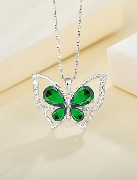 YL Women's Butterfly Necklace 925 Sterling Silver Flower Rose Pendant Birthstone Halo Jewelry