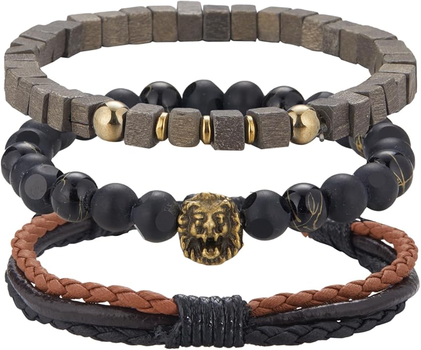 3pc Mens Beaded Bracelets Silver Stainless Steel Chain Bracelet for Men Handmade Braided Bracelet Sets Jewelry Gifts for Men