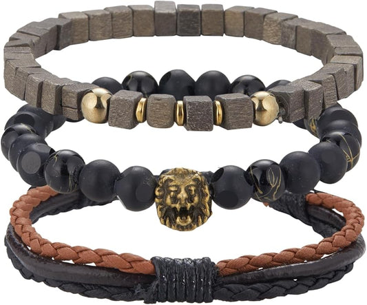 3pc Mens Beaded Bracelets Silver Stainless Steel Chain Bracelet for Men Handmade Braided Bracelet Sets Jewelry Gifts for Men