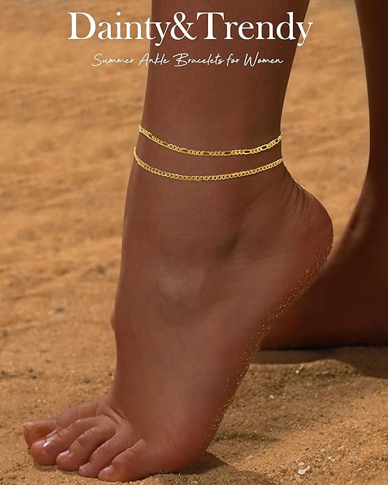 FUNEIA Gold Silver Ankle Bracelets for Women Waterproof 14K Gold Plated Anklets for Women Non Tarnish Dainty Layered Beaded Heart Anklet Set Summer Beach Foot Chain Jewelry Gifts Trendy Stuff