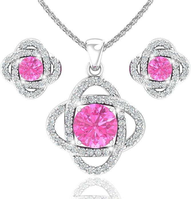Women 925 Sterling Silver Cute Love Knot Sparkling Gemstone Push Back Stud Earrings Hanging Pendant Necklace Beautiful Fine Jewelry Accessory Set, 1.65 Carat