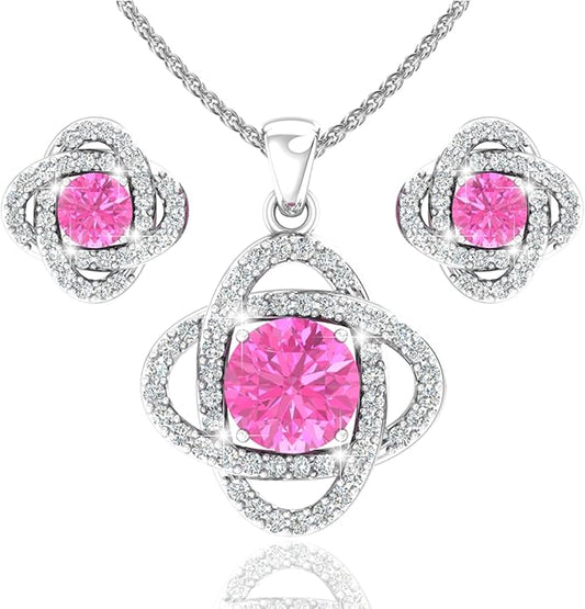 Women 925 Sterling Silver Cute Love Knot Sparkling Gemstone Push Back Stud Earrings Hanging Pendant Necklace Beautiful Fine Jewelry Accessory Set, 1.65 Carat