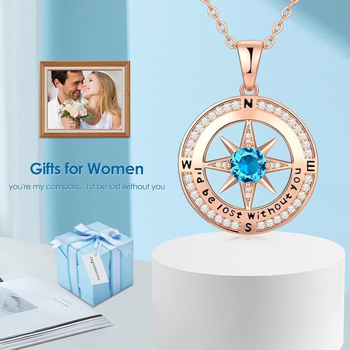 Zifeel Compass Necklace Gifts for Women wife - S925 Sterling Silver Birthstone Necklaces for Women - Anniversary Birthday Gifts for Her Wife Girlfriend - Valentines Mom Mothers Day Christmas Gifts Jewelry for Women
