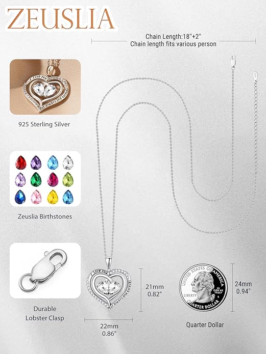 Zeuslia Double Birthstone Necklace Gifts for Wife - 925 Sterling Silver Sunflower/Rose/Crown Cross/Compass/Heart Pendant I Love You Necklace, Anniversary Birthday Gifts for Wife Girlfriend Mom Her