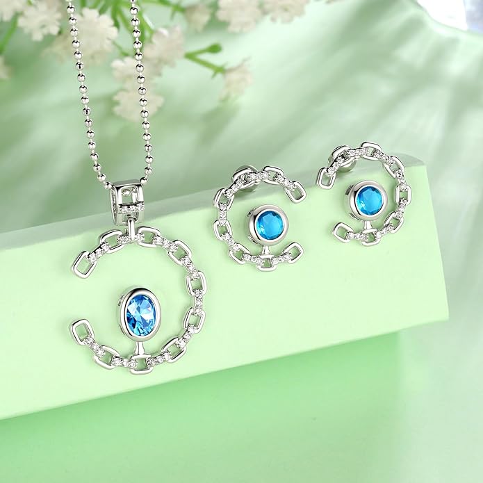 Ydou Elegant C-Shaped Crystal Necklaces/Stud Earrings Set with Birthstone Jewelry Set Silver Plated Fashion Jewelry for Women CS0003