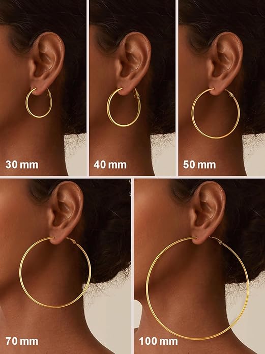 FOCALOOK 14K Gold Plated Lightweight Large Hoops| 2mm Thin Hoop Earrings for Women 30/40/50/70/100mm